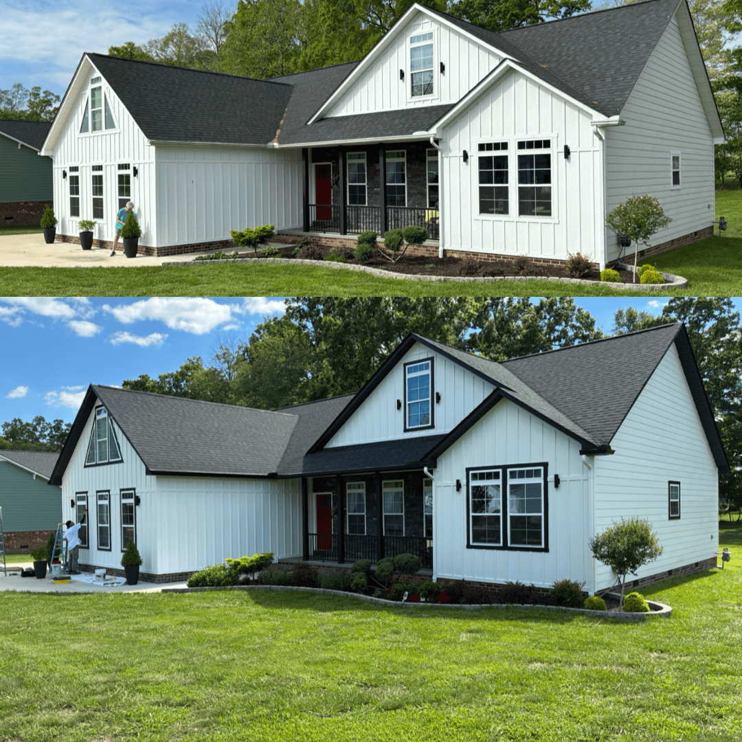 White Tennessee home with freshly painted black trim, from Precision Pro Painting’s project gallery